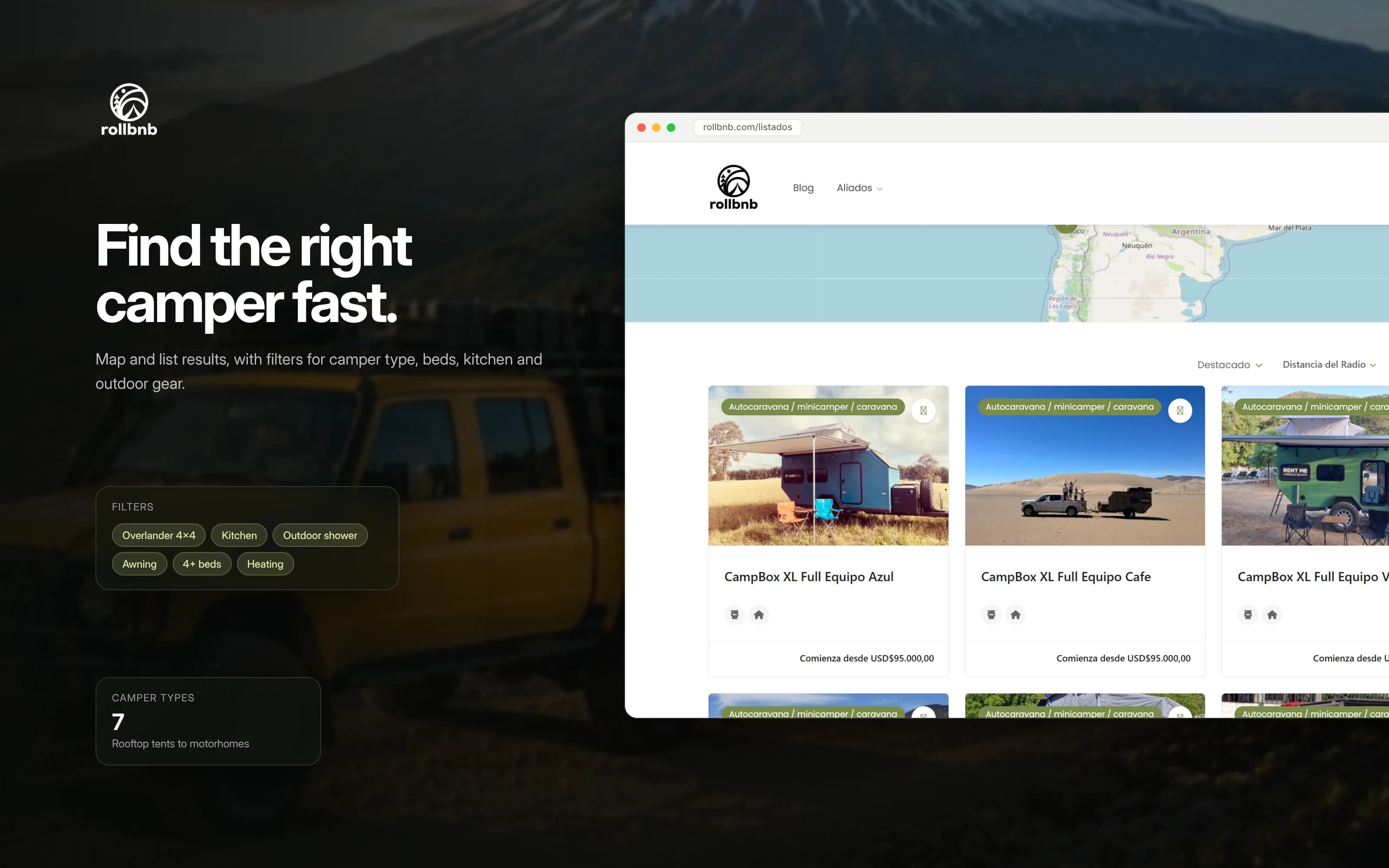 RollBnB results: map and list of campers with filters
