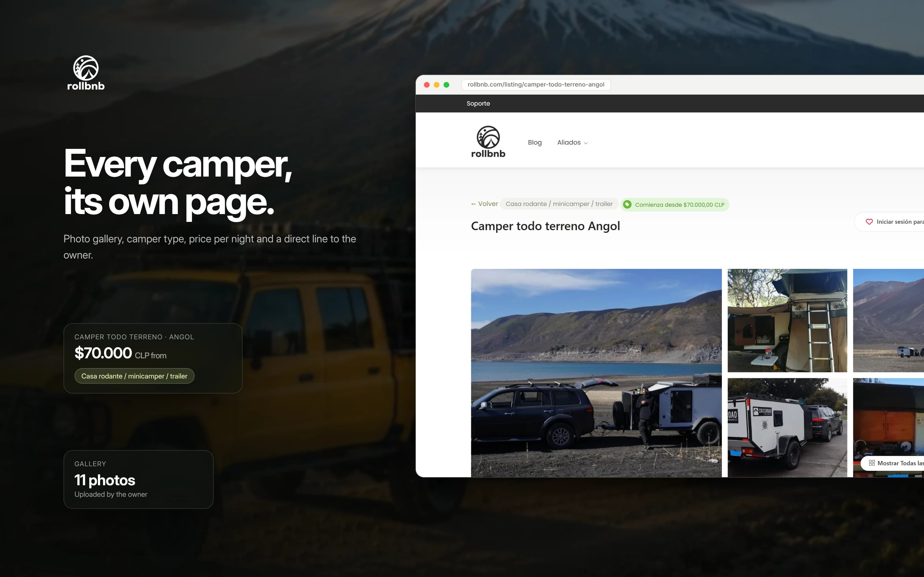 RollBnB listing page: photo gallery, camper type and starting price