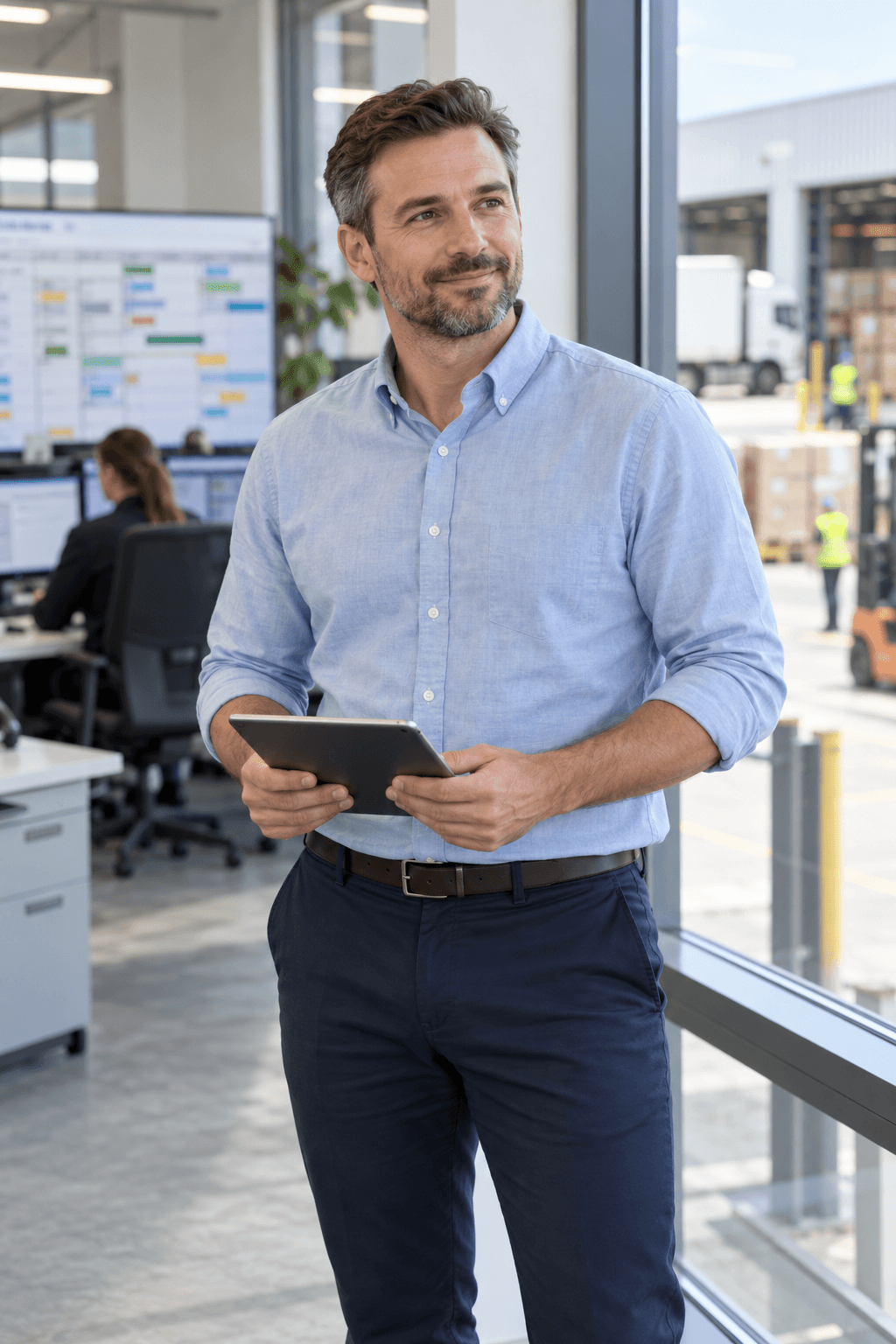 Operations manager holding a tablet in a bright logistics office
