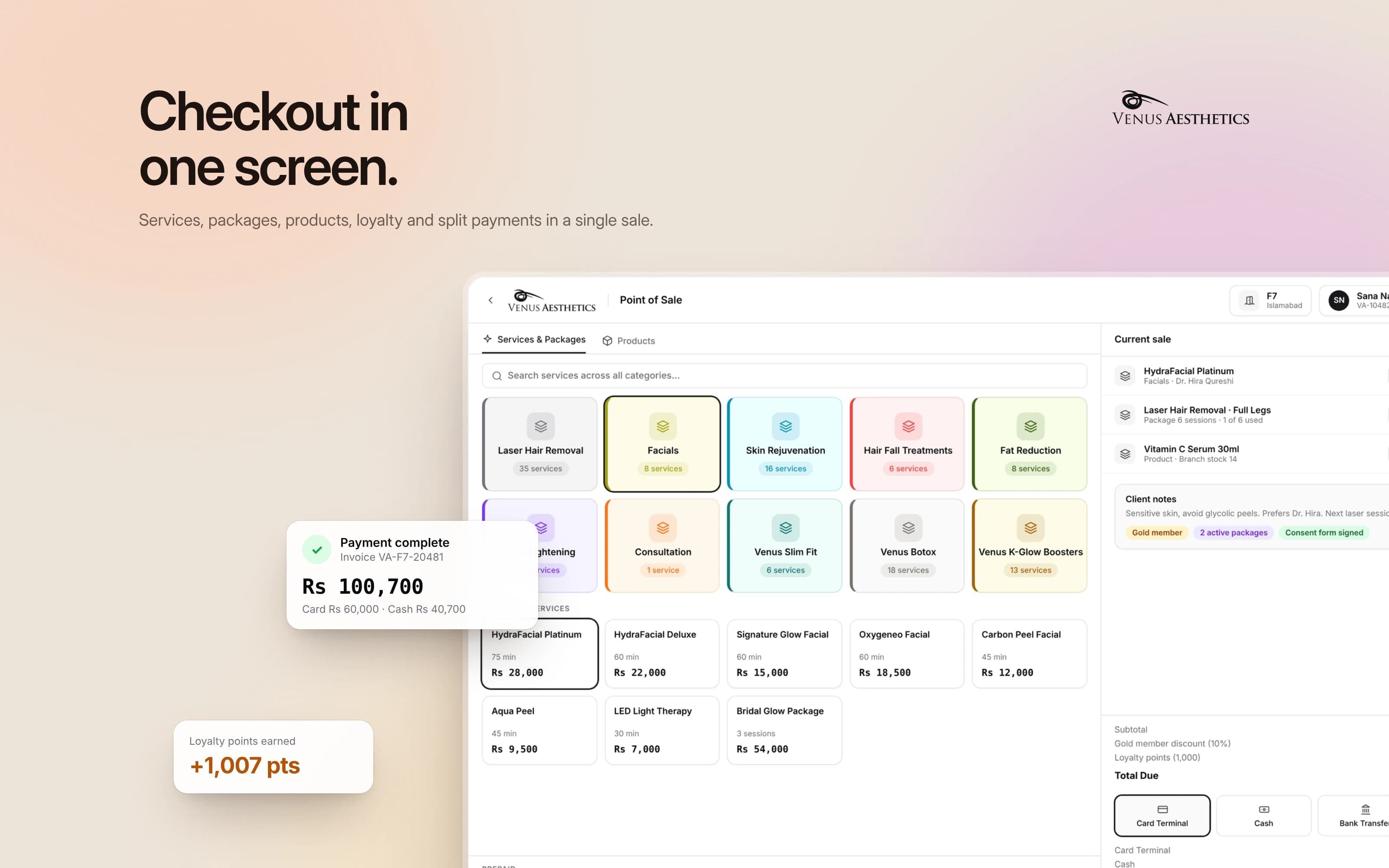 Venus Aesthetics POS: services, packages, loyalty and split payments in one sale